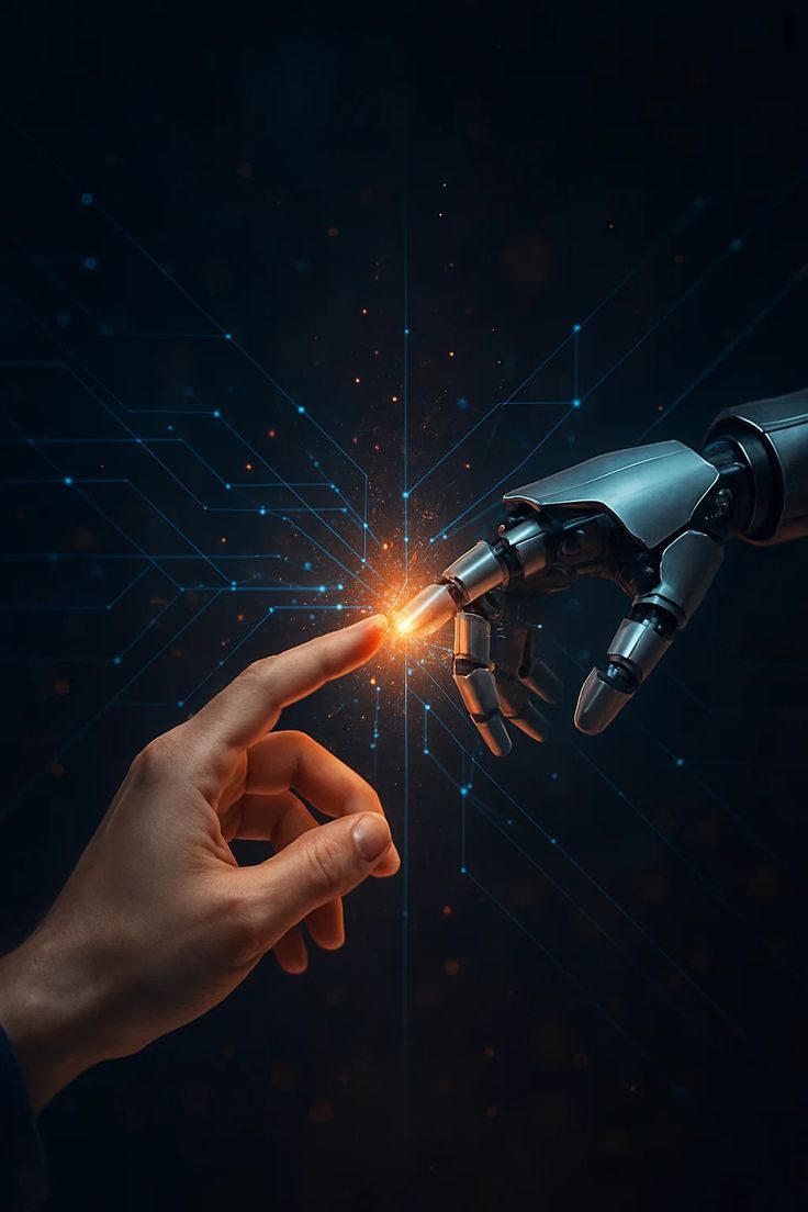 Una mano humana y una mano robótica a punto de tocarse