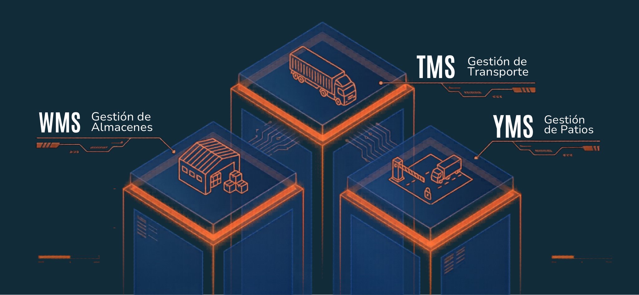 Ilustración de los módulos de oXirium: WMS Gestión de Almacenes, TMS Gestión de Transporte e YMS Gestión de Patios